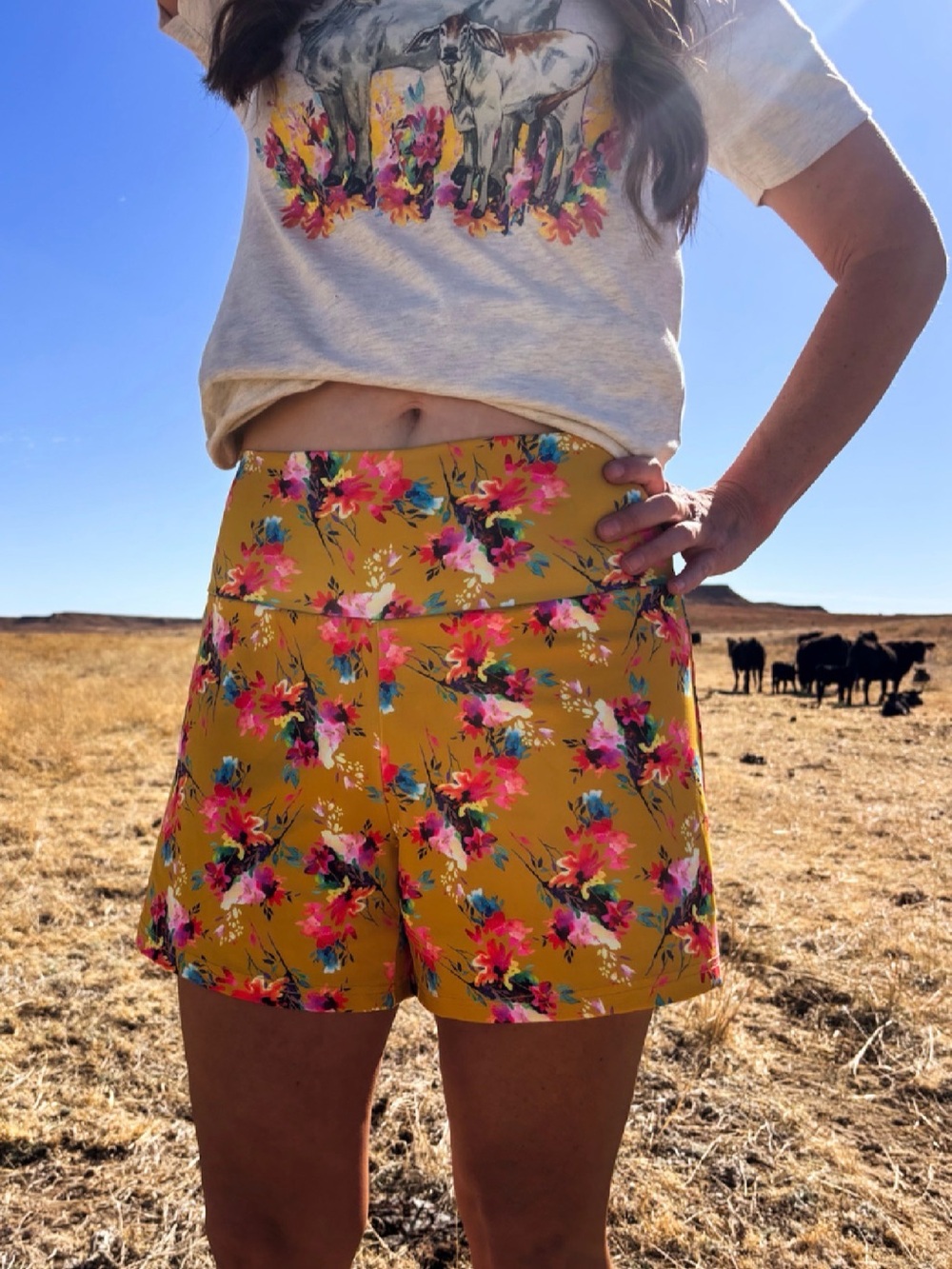 High-Rise Floral Women’s Shorts in Mustard Yellow